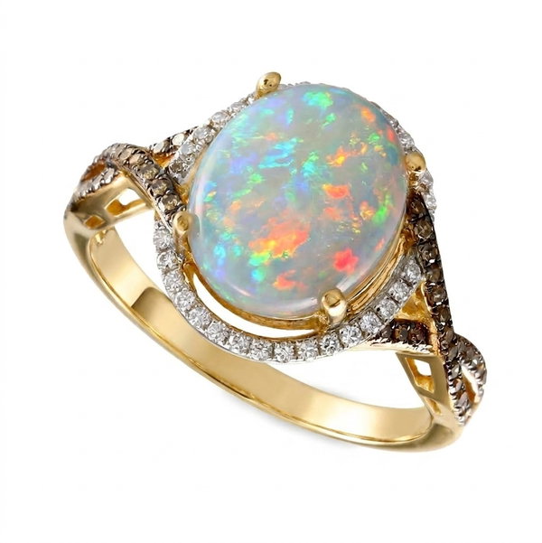 Closeup photo of 14K YELLOW GOLD DIAMOND, BROWN DIAMOND AND AUSTRALIAN OPAL RING