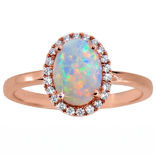 Closeup photo of 14K ROSE GOLD DIAMOND AND AUSTRALIAN OPAL RING