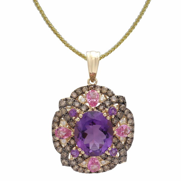 Closeup photo of 14K YELLOW GOLD DIAMOND, BROWN DIAMOND, PINK SAPPHIRE AND AMETHYST PENDANT WITH CHAIN