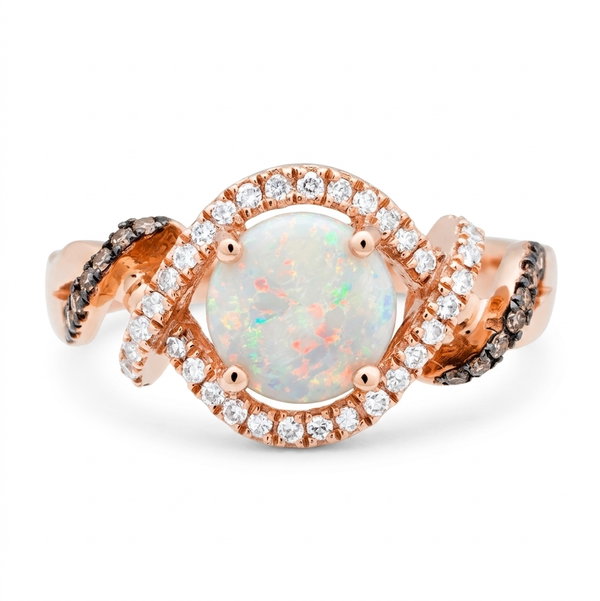 Closeup photo of 14K ROSE GOLD DIAMOND, BROWN DIAMOND AND AUSTRALIAN OPAL RING