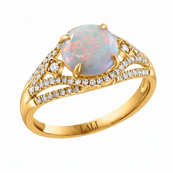 Closeup photo of 14K YELLOW GOLD DIAMOND AND AUSTRALIAN OPAL RING