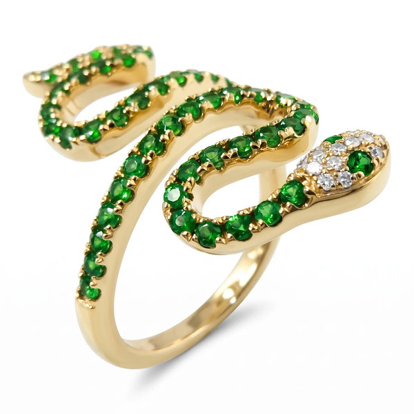 Closeup photo of 14K YELLOW GOLD DIAMOND AND TSAVORITE SNAKE RING