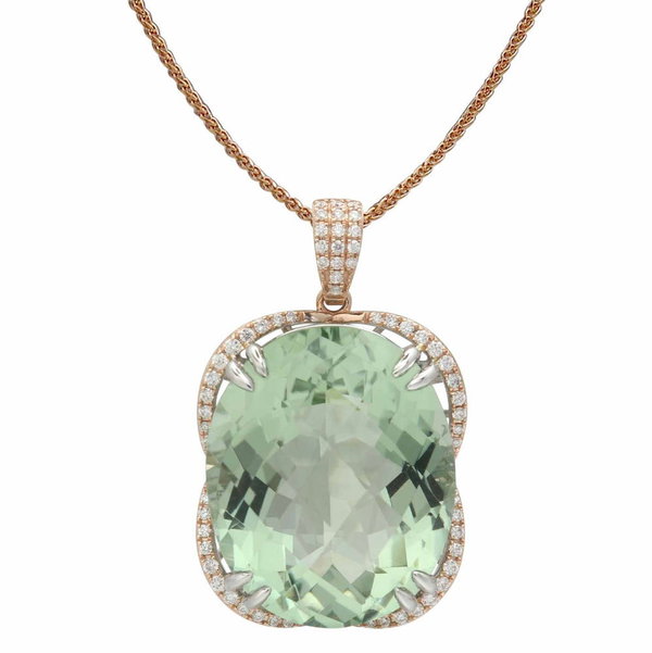 Closeup photo of 18K WHITE AND ROSE GOLD DIAMOND AND GREEN AMETHSYT PENDANT WITH CHAIN
