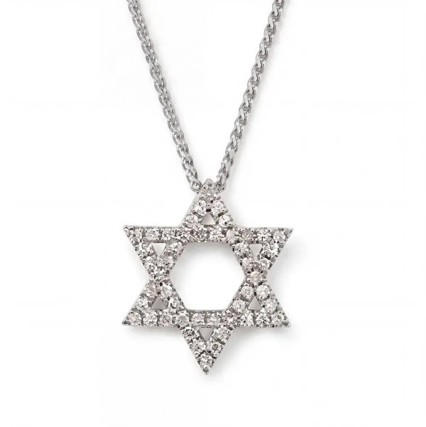 Closeup photo of 14K WHITE GOLD DIAMOND STAR OF DAVID PENDANT WITH CHAIN