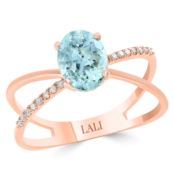Closeup photo of 14K ROSE GOLD DIAMOND AND AQUAMARINE RING