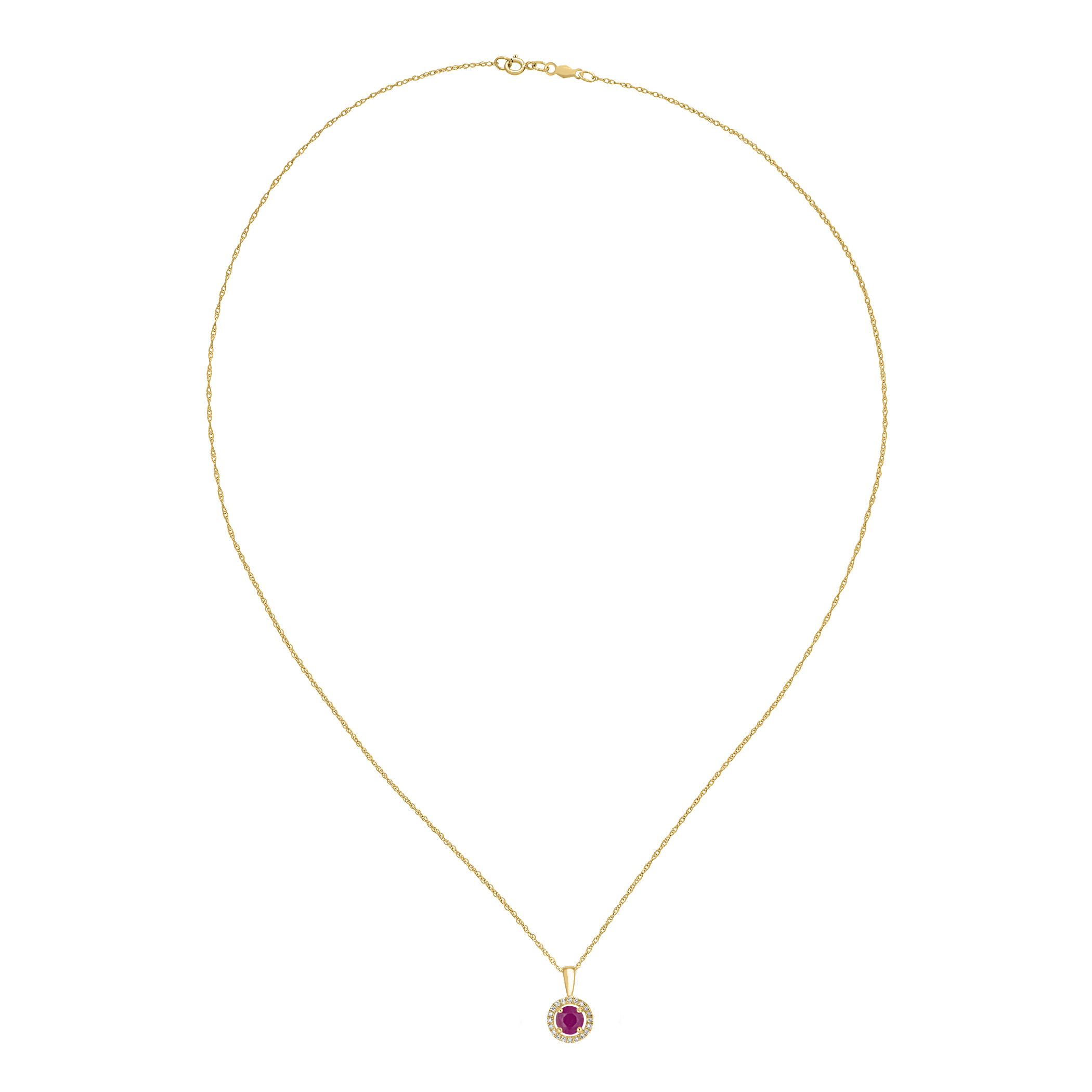 Fiery red ruby is surrounded by dazzling diamonds in this luxurious yellow gold necklace.• 5mm Round Ruby Gemstone• 14K Yellow Gold Setting• Diamond Accents• 18" Rope Chain With Spring Lock• Precious Birthstone Collection 14K YELLOW GOLD DIAMOND AND RUBY PENDANT WITH CHAIN