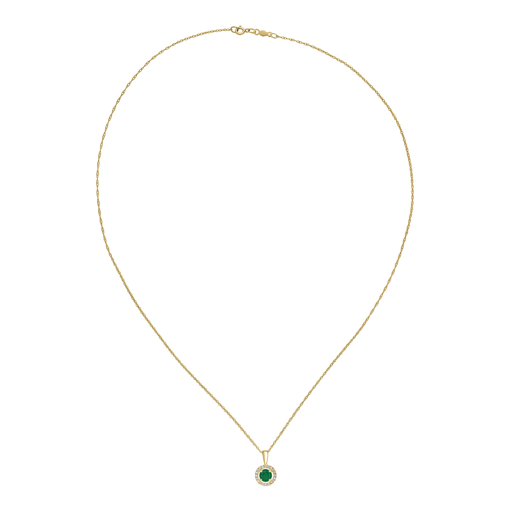 This 14K Yellow Gold Diamond and Emerald Pendant features a radiant 5mm round emerald, surrounded by dazzling diamonds. The deep green hue of the emerald is beautifully enhanced, creating an elegant and timeless piece.Key Features:- 5mm round emerald at the center- Surrounded by diamonds for added brilliance- Set in 14K yellow goldPlease Note:- Photos may be enlarged or enhanced for detail.- Gemstones may be treated to enhance beauty and require special care.- Carat weights are approximate, with a possible variance of 0.05 carats. 14K YELLOW GOLD DIAMOND AND EMERALD PENDANT WITH CHAIN