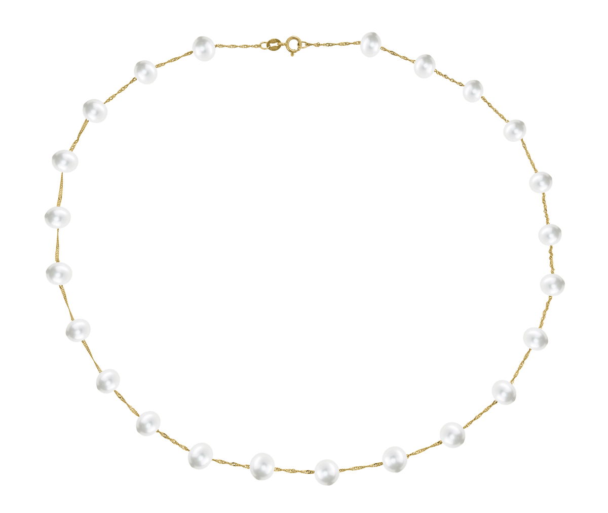 A freshwater pearl station necklace in yellow gold