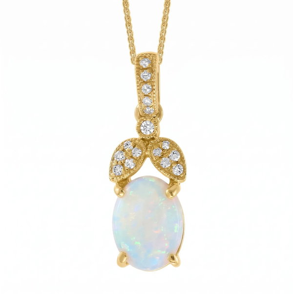 Closeup photo of 14K YELLOW GOLD DIAMOND AND AUSTRALIAN OPAL PENDANT WITH CHAIN