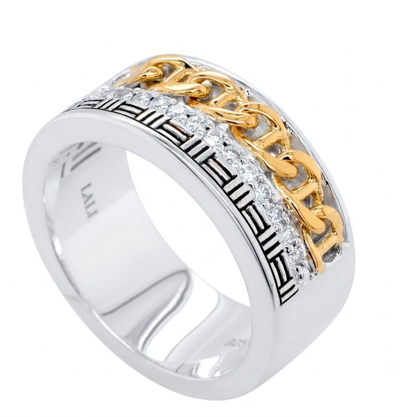 Closeup photo of 18K YELLOW GOLD AND STERLING SILVER DIAMOND MEN'S RING