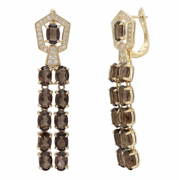 Closeup photo of 14K YELLOW GOLD DIAMOND AND SMOKY QUARTZ EARRING