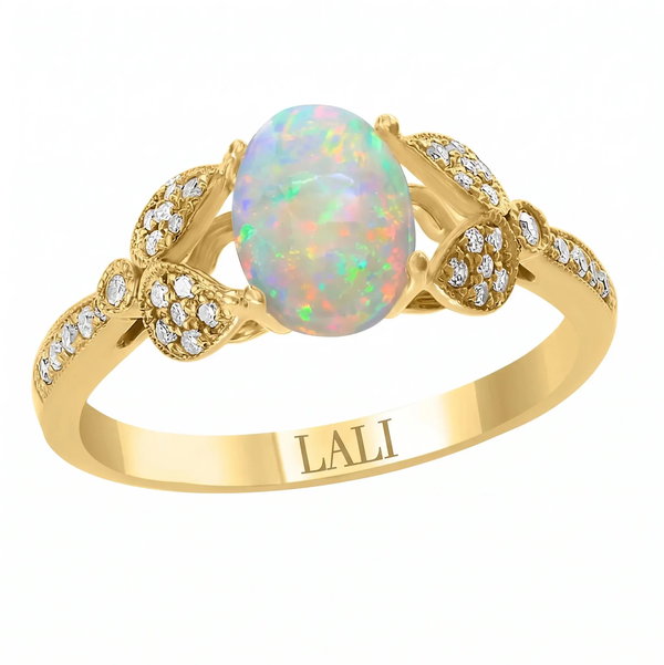 Closeup photo of 14K YELLOW GOLD DIAMOND AND AUSTRALIAN OPAL RING