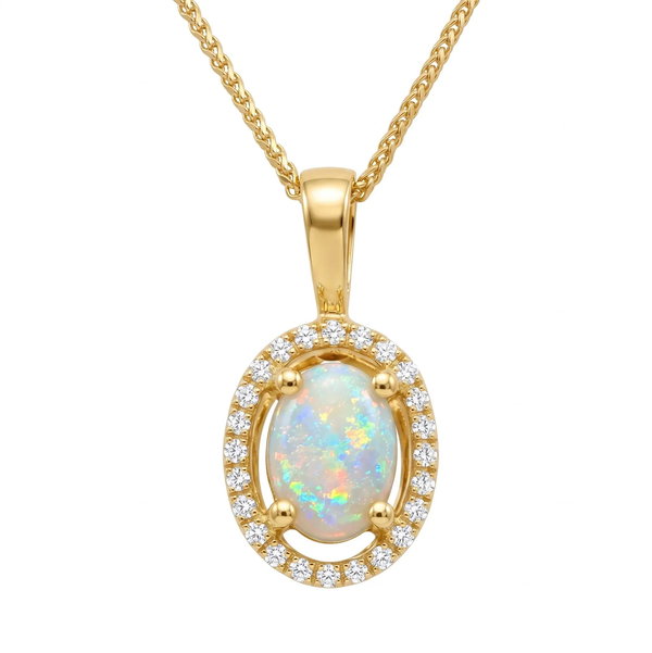 Closeup photo of 14K YELLOW GOLD DIAMOND AND AUSTRALIAN OPAL PENDANT WITH CHAIN