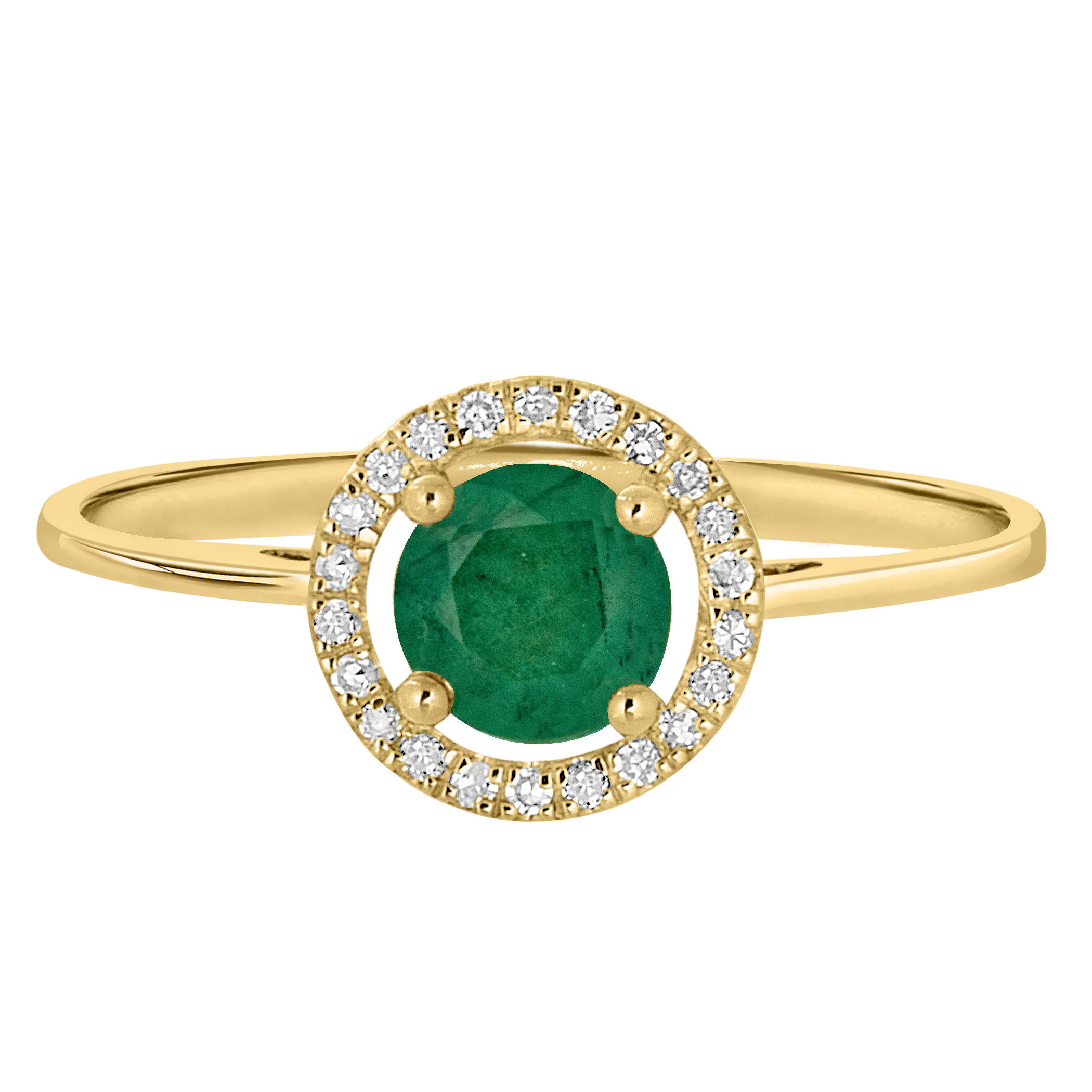 This 14K yellow gold ring features a 5mm round emerald, accented by sparkling diamonds. The vibrant green emerald, paired with the warmth of yellow gold, creates a timeless, eye-catching design.Key Features:- 5mm round emerald gemstone with a rich green hue- Diamond accents for added brilliance- 14K yellow gold setting for a warm, sophisticated finish- Part of our Precious Birthstone CollectionPlease Note:- Gemstones and diamonds may be treated to enhance beauty and require special care.- Photos may be enlarged or enhanced for detail.- Carat weights are approximate, with a possible variance of 0.05 carats. 14K YELLOW GOLD DIAMOND AND EMERALD RING