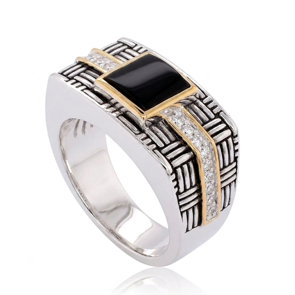 Closeup photo of 18K YELLOW GOLD AND STERLING SILVER DIAMOND AND ONYX MEN'S RING