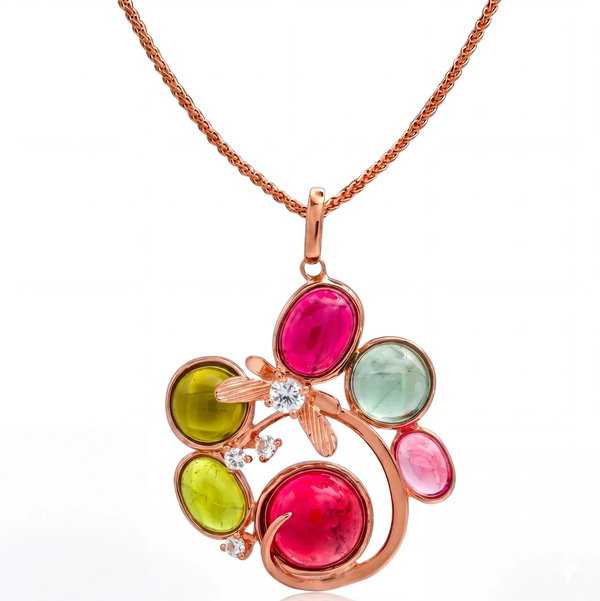 Closeup photo of 14K ROSE GOLD WHITE SAPPHIRE AND MULTICOLOR TOURMALINE PENDANT WITH CHAIN