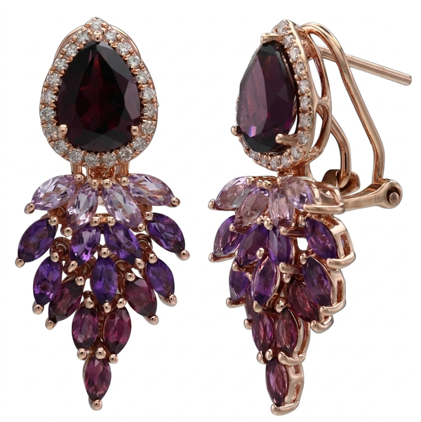 Closeup photo of 14K ROSE GOLD DIAMOND, SHADED AMETHYST, AND RHODOLITE EARRING
