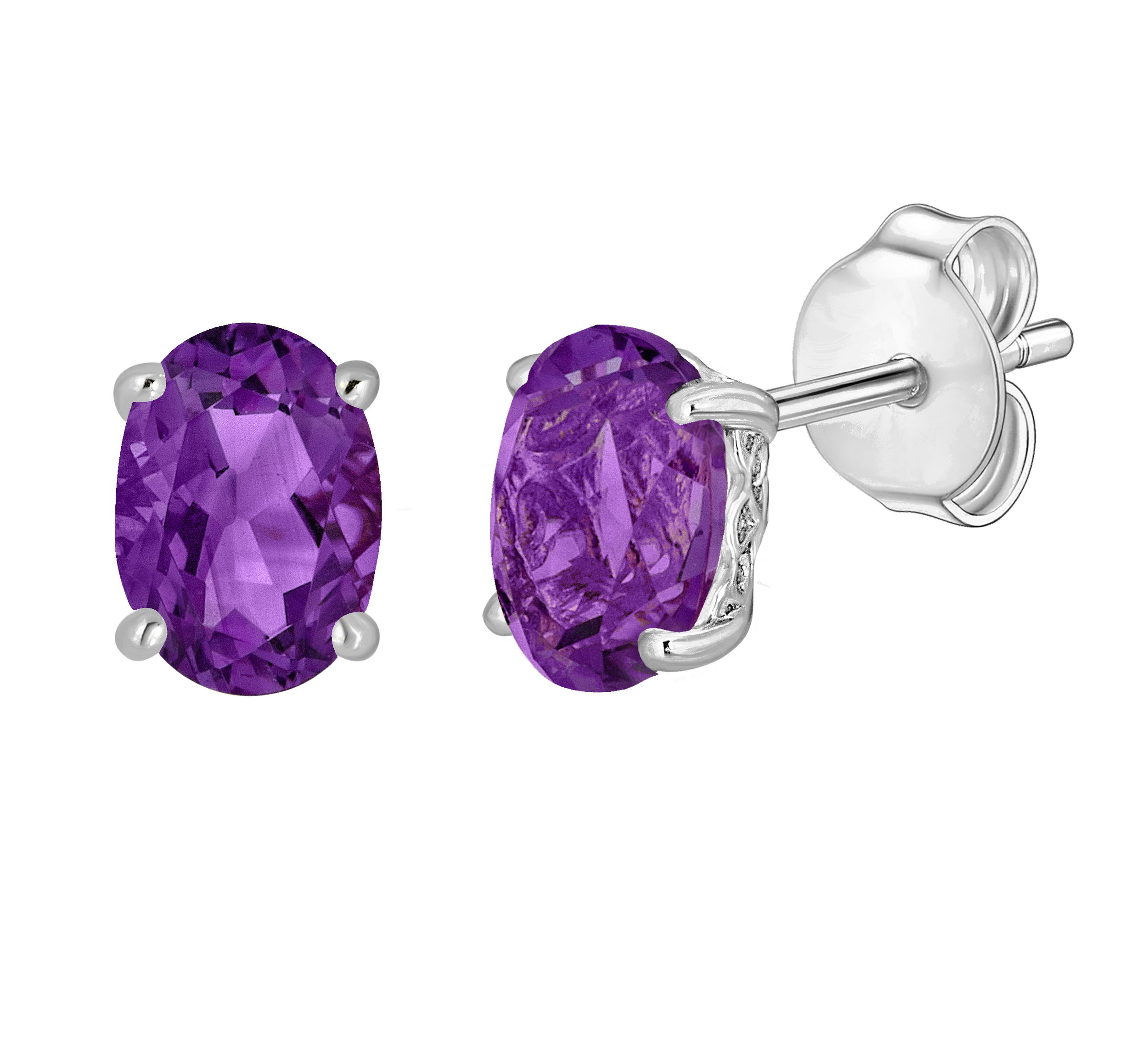 Brilliant amethyst dazzles in these elegant white gold earrings.• 7x5mm Oval Amethyst Gemstones• 14K White Gold Setting• Secure Backings• Semi Precious Birthstone Collection 14K WHITE GOLD AMETHYST EARRING