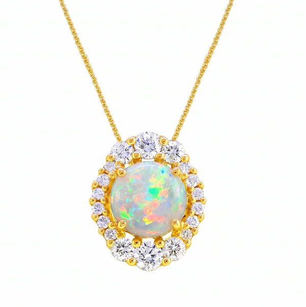 Closeup photo of 14K YELLOW GOLD DIAMOND AND AUSTRALIAN OPAL PENDANT WITH CHAIN
