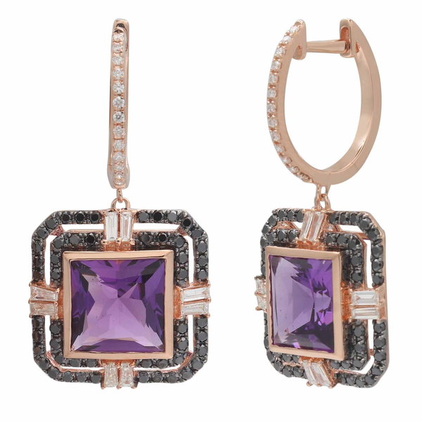 Closeup photo of 14K ROSE GOLD DIAMOND, TREATED BLACK DIAMOND AND AMETHYST EARRING