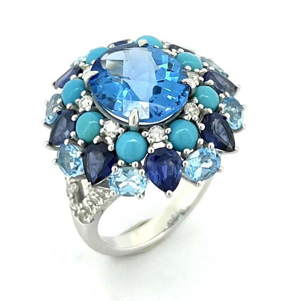 Closeup photo of 14K WHITE GOLD DIAMOND MULTICOLOR GEM STONE, SAPPHIRE AND SWISS BLUE TOPAZ RING