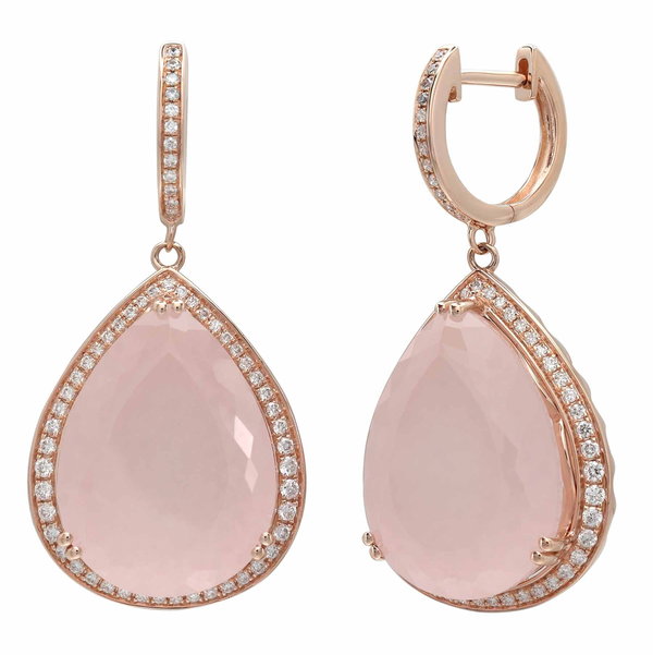 Closeup photo of 14K ROSE GOLD DIAMOND AND ROSE QUARTZ EARRING