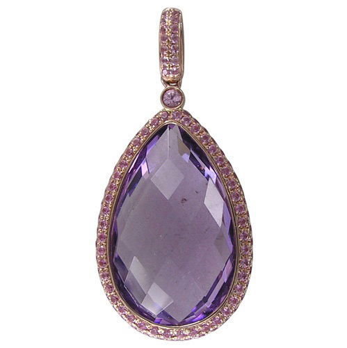 Closeup photo of 14K ROSE GOLD PINK SAPPHIRE AND PINK AMETHYST PENDANT WITH CHAIN