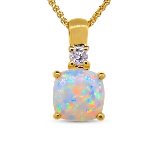 Closeup photo of 14K YELLOW GOLD DIAMOND AND AUSTRALIAN OPAL PENDANT WITH CHAIN