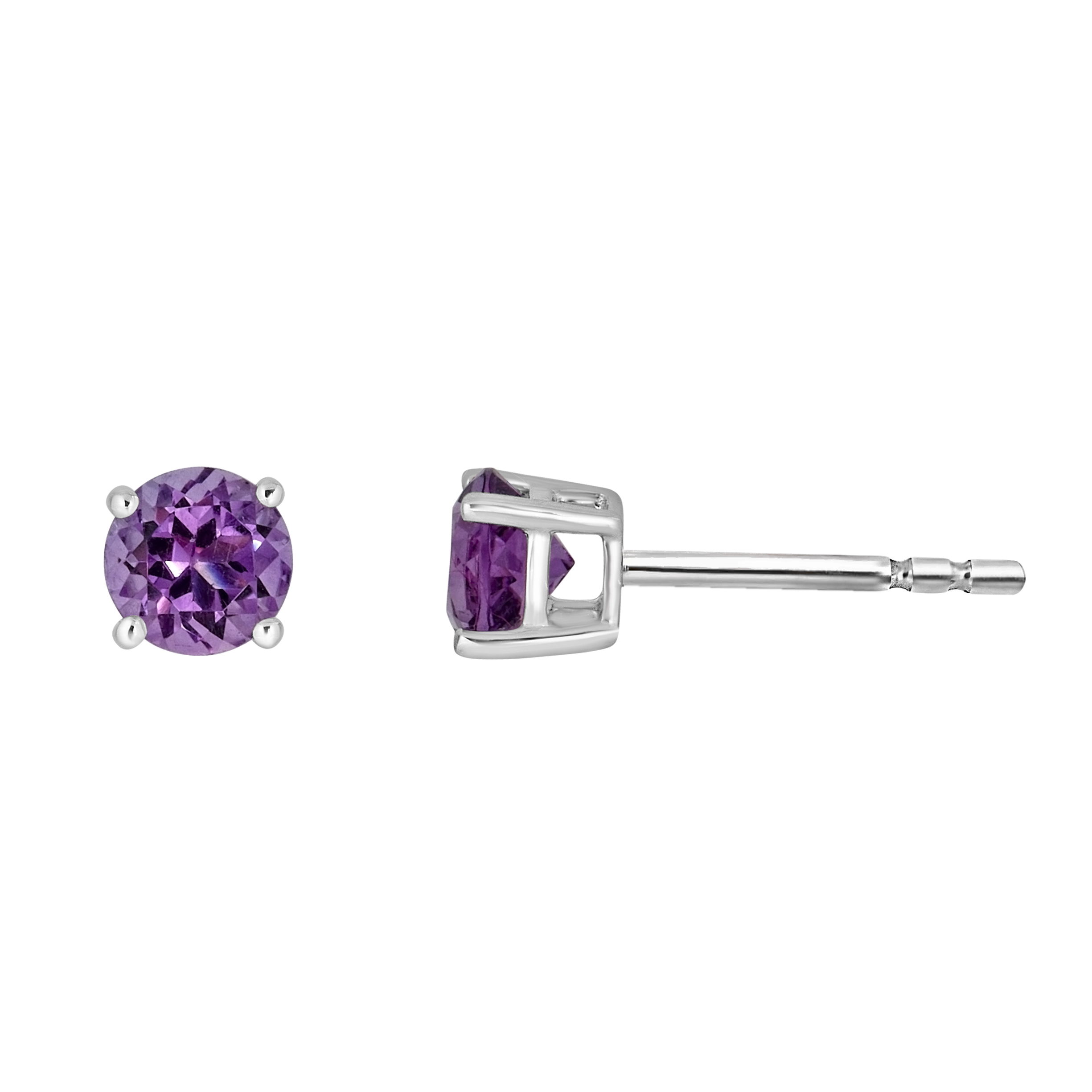 Radiant amethyst shines in these timeless white gold earrings.• 5mm Round Amethyst Gemstones• 14K White Gold Setting• Secure Backings• Semi Precious Birthstone Collection 14K WHITE GOLD AMETHYST EARRING