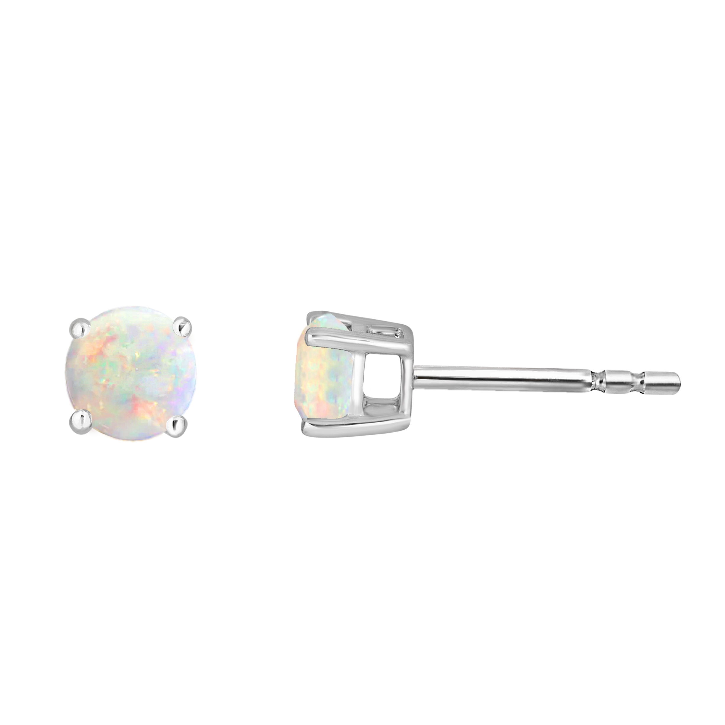 Radiant Australian opal shines in these timeless white gold earrings.• 5mm Round Australian Opal Gemstones• 14K White Gold Setting• Secure Backings• Semi Precious Birthstone Collection 14K WHITE GOLD AUSTRALIAN OPAL EARRING