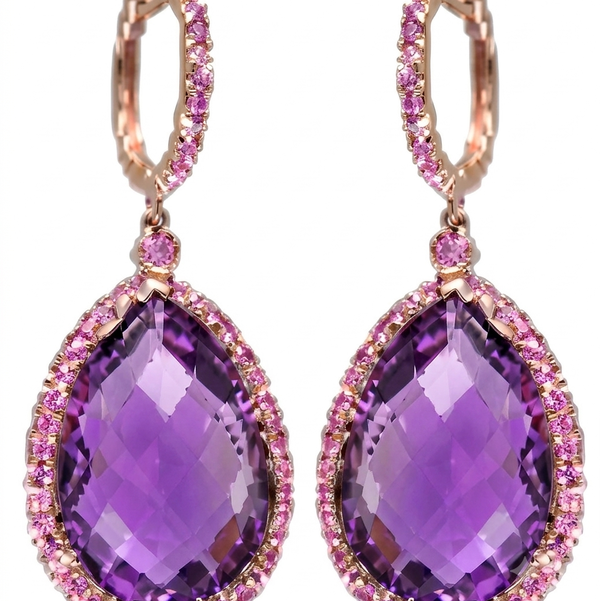Closeup photo of 14K ROSE GOLD PINK SAPPHIRE AND PINK AMETHYST EARRING