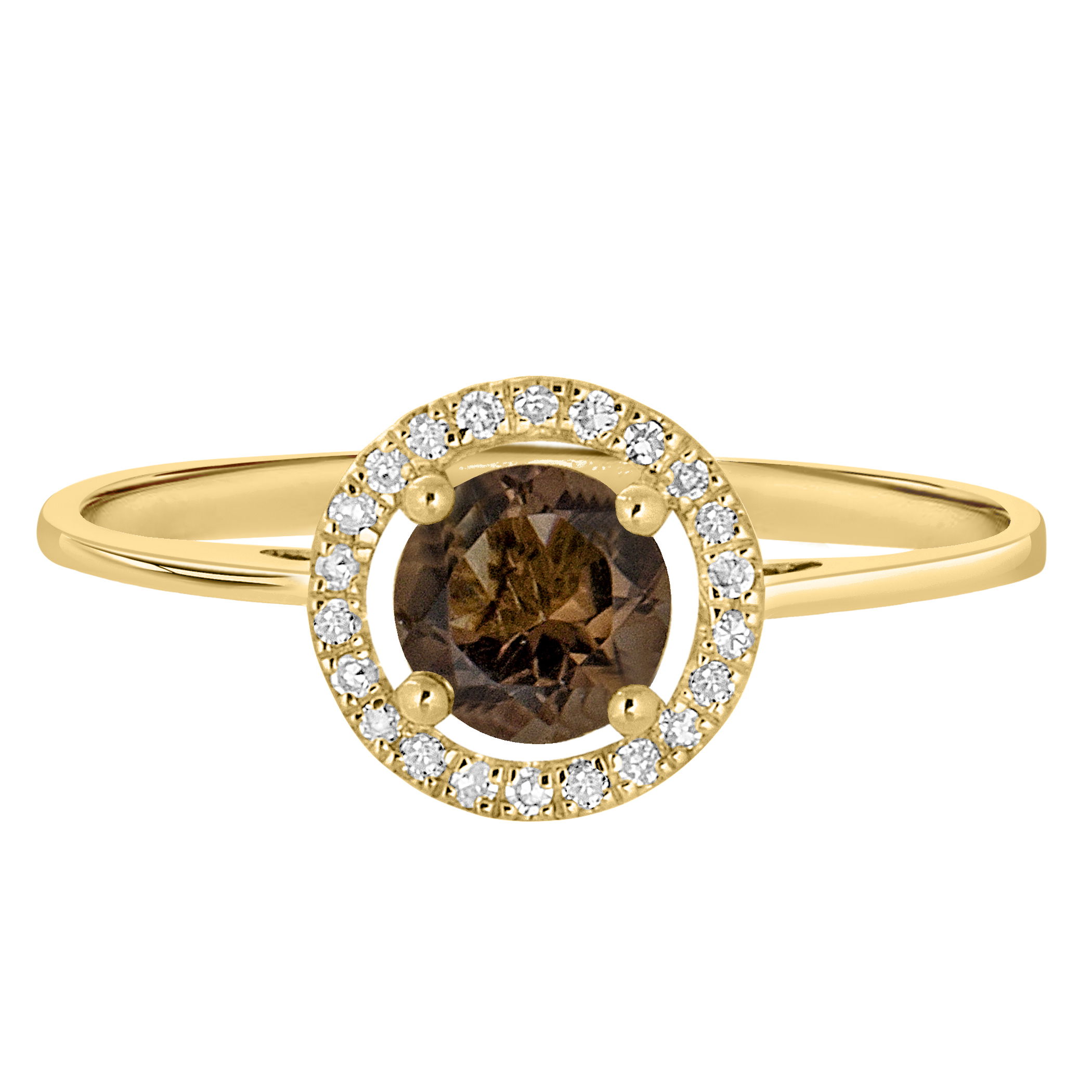 This 14K yellow gold ring features a 5mm round smoky quartz, with its deep brown tones beautifully highlighted by diamonds on either side. The warm yellow gold band enhances the elegance of this unique piece, offering a subtle yet sophisticated alternative to traditional gemstones.Key Features:- 5mm round smoky quartz with deep brown hues- Diamond accents for added brilliance- 14K yellow gold setting for a warm, elegant finish- Part of our Semi-Precious Birthstone CollectionPlease Note:- Gemstones and diamonds may be treated to enhance beauty and require special care.- Photos may be enlarged or enhanced for detail.- Carat weights are approximate, with a possible variance of 0.05 carats. 14K YELLOW GOLD DIAMOND AND SMOKY QUARTZ RING