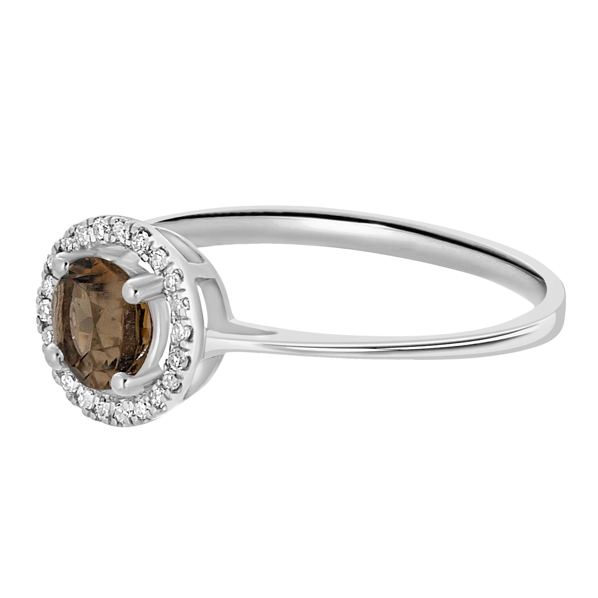 This 14K white gold ring features a rich 5mm round smoky quartz, accented by sparkling diamonds. The dark, earthy tones of the smoky quartz combined with the brilliance of the diamonds create a unique and elegant look.Key Features:- 5mm round smoky quartz with deep, earthy tones- Diamond accents for added brilliance- 14K white gold setting for a sleek, sophisticated finish- Part of our Semi-Precious Birthstone CollectionPlease Note:- Gemstones and diamonds may be treated to enhance beauty and require special care.- Photos may be enlarged or enhanced for detail.- Carat weights are approximate, with a possible variance of 0.05 carats. 14K WHITE GOLD DIAMOND AND SMOKY QUARTZ RING