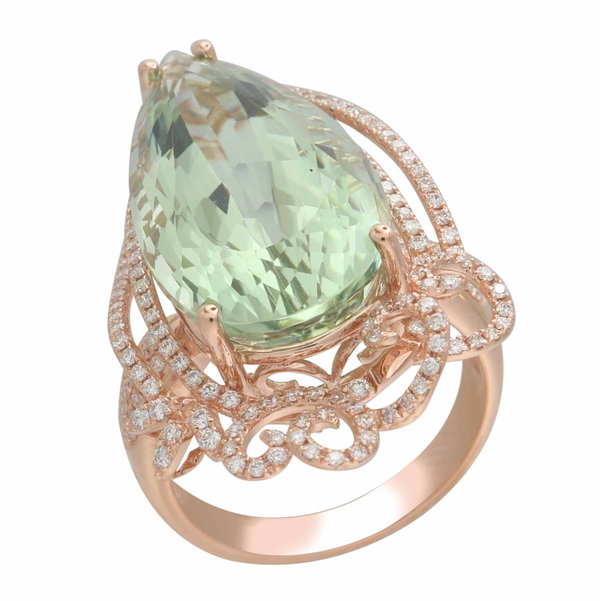Closeup photo of 14K ROSE GOLD DIAMOND AND GREEN AMETHYST RING