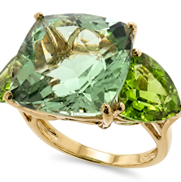 Closeup photo of 14K YELLOW GOLD PERIDOT AND GREEN AMETHYST RING