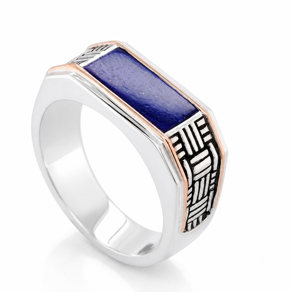 Closeup photo of 18K YELLOW GOLD AND STERLING SILVER LAPIS LAZUIL MEN'S RING