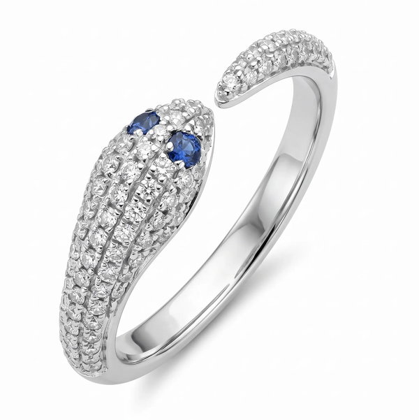 Closeup photo of 14K WHITE GOLD DIAMOND AND SAPPHIRE SNAKE RING
