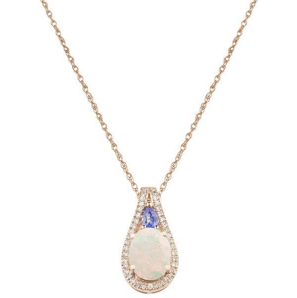 Closeup photo of 14K ROSE GOLD DIAMOND, TANZANITE AND AUSTRALIAN OPAL PENDANT WITH CHAIN