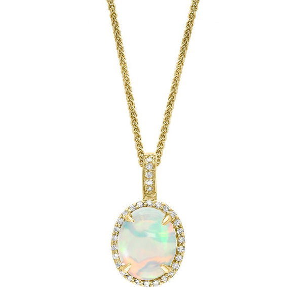 Closeup photo of 14K YELLOW GOLD DIAMOND AND AUSTRALIAN OPAL PENDANT WITH CHAIN