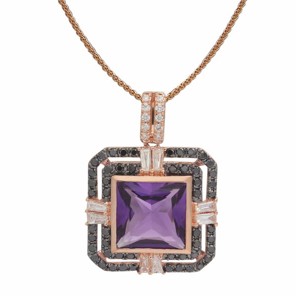 Closeup photo of 14K ROSE GOLD DIAMOND, TREATED BLACK DIAMOND AND AMETHYST PENDANT WITH CHAIN