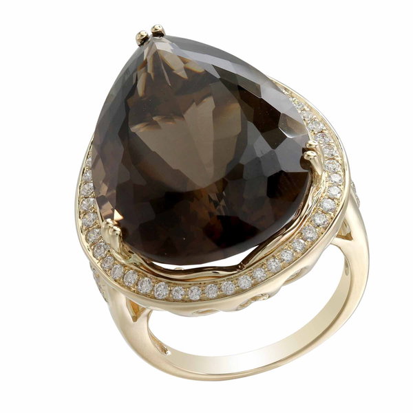 Closeup photo of 14K YELLOW GOLD DIAMOND AND SMOKY QUARTZ RING