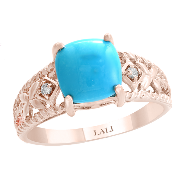 Closeup photo of 14K ROSE GOLD DIAMOND AND TURQUOISE RING