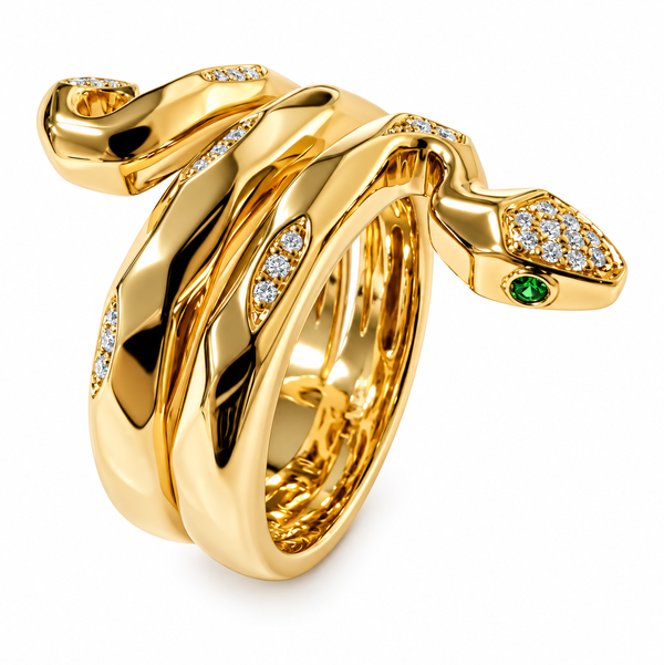 Closeup photo of 14K YELLOW GOLD DIAMOND AND TSAVORITE SNAKE RING
