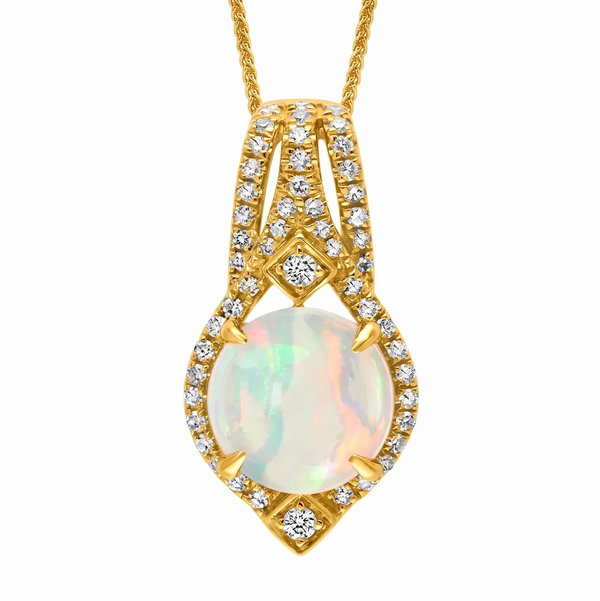 Closeup photo of 14K YELLOW GOLD DIAMOND AND AUSTRALIAN OPAL PENDANT WITH CHAIN