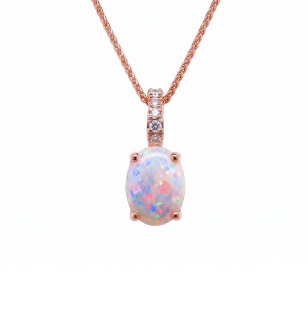 Closeup photo of 14K ROSE GOLD DIAMOND AND AUSTRALIAN OPAL PENDANT WITH CHAIN