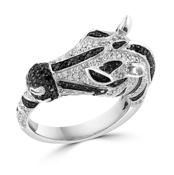 Closeup photo of 18K WHITE GOLD DIAMOND, TREATED BLACK DIAMOND AND SAPPHIRE ROUND HORSE RING