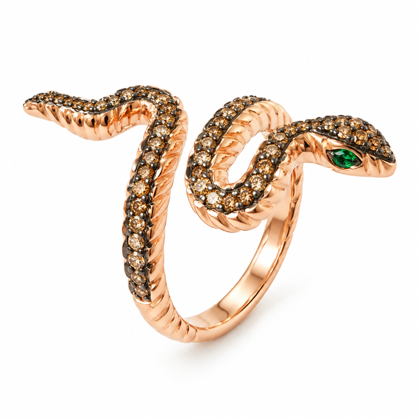 Closeup photo of 14K ROSE GOLD TSAVORITE AND BROWN DIAMOND SNAKE RING