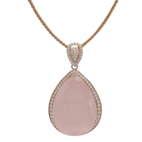 Closeup photo of 14K ROSE GOLD DIAMOND AND ROSE QUARTZ PENDANT WITH CHAIN