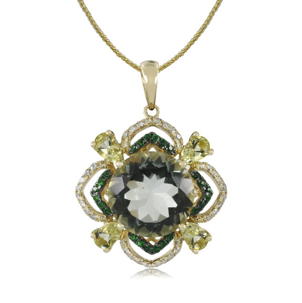 Closeup photo of 14K YELLOW GOLD DIAMOND, TSAVORITE, LEMON QUARTZ AND GREEN AMETHYST PENDANT WITH CHAIN