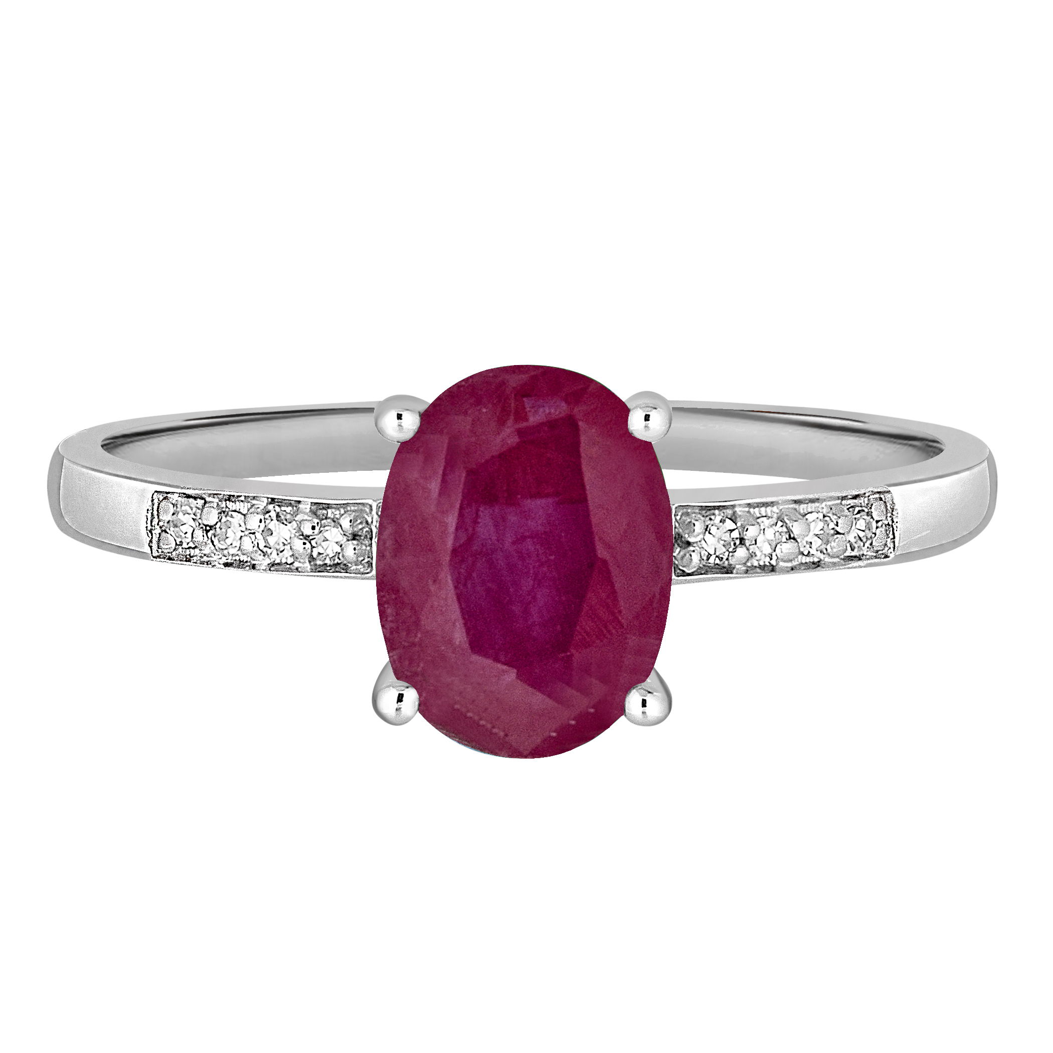 This 14K white gold ring features a 7x5mm oval ruby, symbolizing love and passion. Surrounded by sparkling diamonds, the vibrant ruby and diamonds create a striking contrast. The sleek white gold band adds elegance, making it perfect for bold, romantic jewelry lovers. Ideal as an engagement ring, anniversary gift, or special occasion piece.Key Features:- 7x5mm oval ruby gemstone- Surrounded by diamonds for added brilliance- 14K white gold setting for a timeless design- Part of the Precious Birthstone CollectionPlease Note:- Gemstones may be treated to enhance beauty and require special care.- Photos may be enlarged or enhanced for detail.- Carat weights are approximate, with a possible variance of 0.05 carats. 14K WHITE GOLD DIAMOND AND RUBY RING